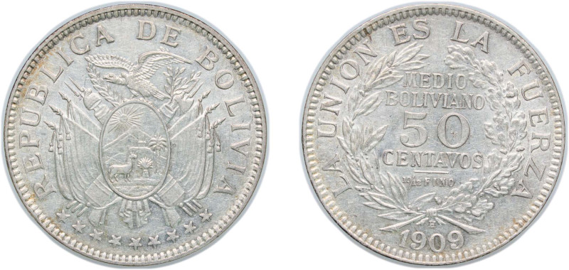 Bolivia Republic 1909 H ½ Boliviano / 50 Centavos Silver (.833) Heaton and Sons ...