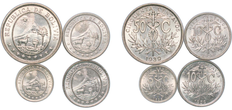 Bolivia Republic 1935-1939 5, 10, 50 Centavos (4 Lots) Copper-nickel UNC