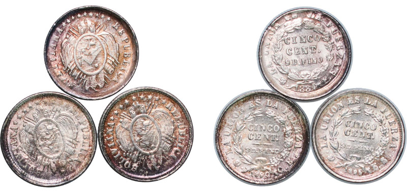 Bolivia Republic 1884-1895 PTS 5 Centavos (3 Lots) Silver (.900) Potosi Mint UNC...