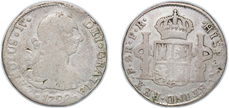 Bolivia Spanish colony 1790 PTS PR 2 Reales - Carlos IV Silver (.896) Potosi Min...