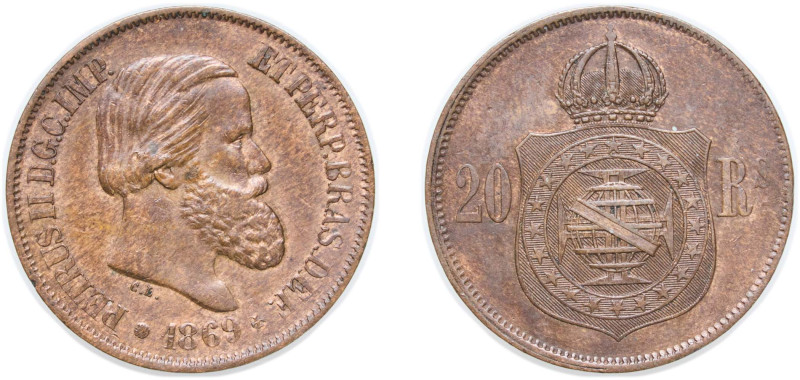 Brazil Empire 1868 20 Réis - Pedro II Bronze (90360000) 6.89g AU KM 474