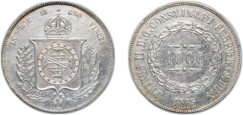 Brazil Empire 1865 1000 Réis - Pedro II Silver (.917) Rio de Janeiro Mint 12.54g...