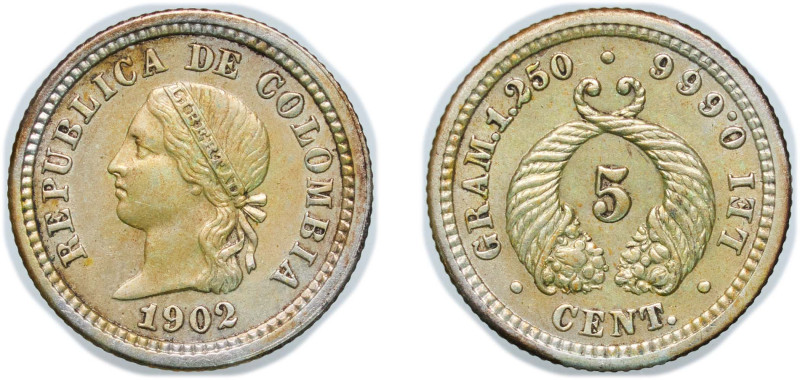 Colombia Republic 1902 5 Centavos Silver (.666) Philadelphia Mint (400000) 1.31g...