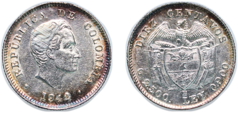 Colombia Republic 1942 B 10 Centavos Silver (.900) Bogota Mint 2.48g AU KM 196 H...