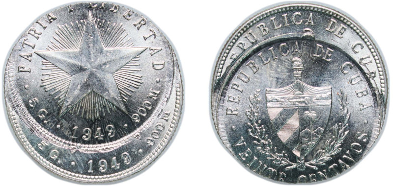 Cuba 1949 20 Centavos Silver (.900) 5g UNC Mint Error Double Struck KM 13 Y 7 Sc...