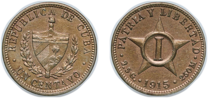 Cuba First Republic 1915 1 Centavo Copper-nickel Philadelphia Mint (9396000) 2.4...