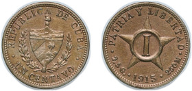 Cuba First Republic 1915 1 Centavo Copper-nickel Philadelphia Mint (9396000) 2.46g AU KM 9 Schön 3