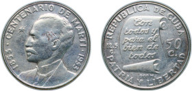 Cuba First Republic 1953 50 Centavos (José Martí) Silver (.900) Philadelphia Mint (2000000) 12.39g AU KM 28 Y 22