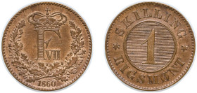 Denmark Kingdom 1860 ♁ 1 Skilling Rigsmønt - Frederik VII Bronze Altona, Schleswig-Holstein Mint 3.83g UNC KM 763