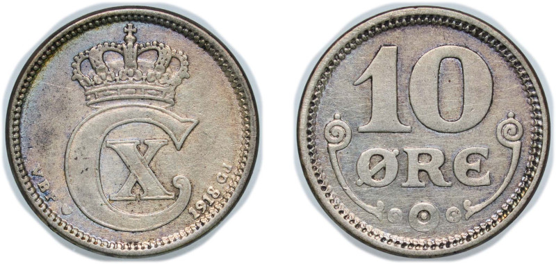 Denmark Kingdom 1918 VBP♥;GJ 10 Øre - Christian X Billon (.400 silver) Copenhage...