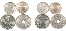 Denmark Kingdom 1954-1966 10 & 25 Øre - Frederik IX (4 Lots) Copper-nickel Copenhagen Mint UNC