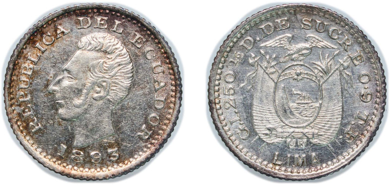 Ecuador Republic 1893 LIMA TF ½ Décimo Silver (.900) Lima Mint 1.25g UNC KM 55 S...