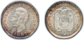 Ecuador Republic 1897 LIMA JF ½ Décimo Silver (.900) Lima Mint (800000) 1.24g UNC KM 55 Schön 44 KM 55.1 KM 55.2