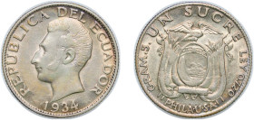Ecuador Republic 1934 1 Sucre Silver (.720) Philadelphia Mint (2000000) 4.95g AU KM 72 Schön 65