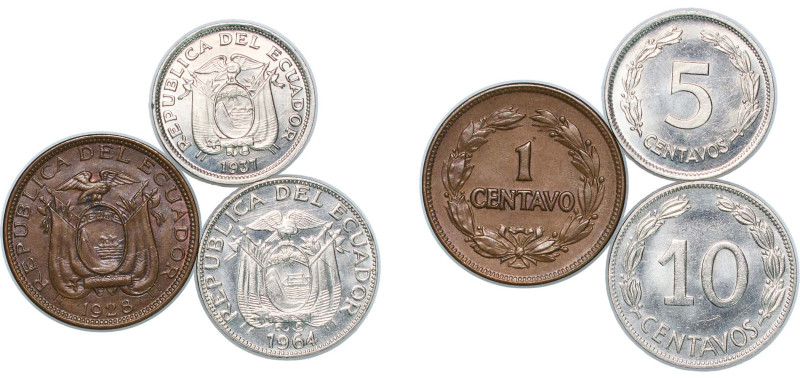 Ecuador Republic 1928-1964 1, 5, 10 Centavos (3 Lots) Nickel- bronze UNC