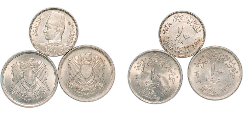 Egypt 1938-1972 10 Milliemes (1 Lots) & 10 Qirsh (2 Lots) Copper-nickel UNC