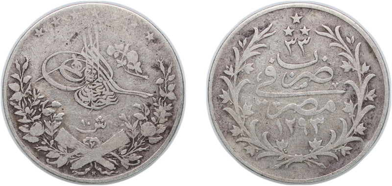 Egypt Ottoman Empire AH 1293 (1907) H 10 Qirsh - Abdul Hamid II Silver (.833) He...