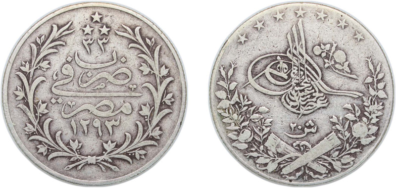 Egypt Ottoman Empire AH 1293//33 (1907) H 20 Qirsh - Abdul Hamid II Silver (.833...