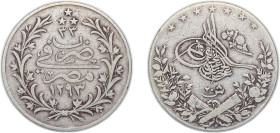 Egypt Ottoman Empire AH 1293//33 (1907) H 20 Qirsh - Abdul Hamid II Silver (.833) Heaton and Sons / The Mint Birmingham Limited (300000) 27.62g VF KM ...