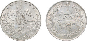 Egypt Ottoman Empire AH 1327//6 (1913) H 5 Qirsh - Mehmed V Silver (.833) Heaton and Sons / The Mint Birmingham Limited (7400000) 7g AU KM 308 Schön 2...