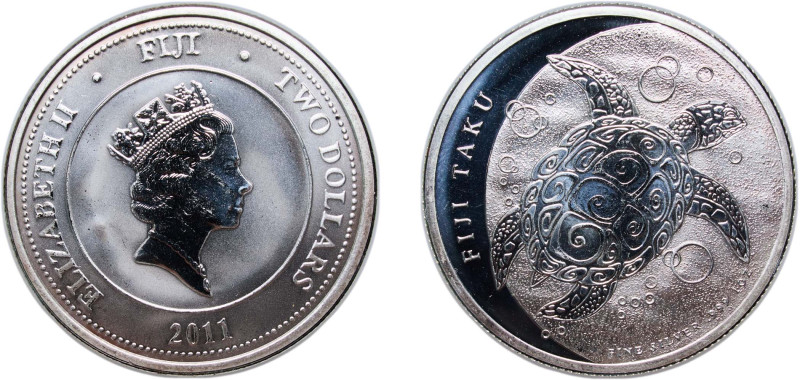 Fiji Republic 2011 2 Dollars - Elizabeth II ("Taku Turtle" Silver Bullion) Silve...