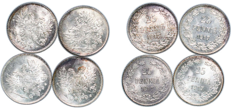 Finland Grand duchy 1917 25 Pennia (Civil War Coinage; without crown, 4 Lots) Si...