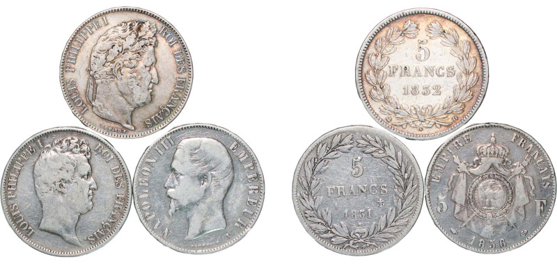 France 1831-1856 5 Francs (3 Lots) Silver VF