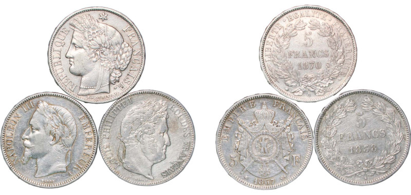 France 1838-1870 5 Francs (3 Lots) Silver 25g XF