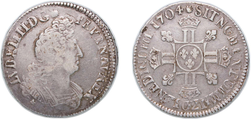 France Kingdom 1704 K ½ Ecu - Louis XIV (2nd type) Silver (.917) Bordeaux Mint 1...