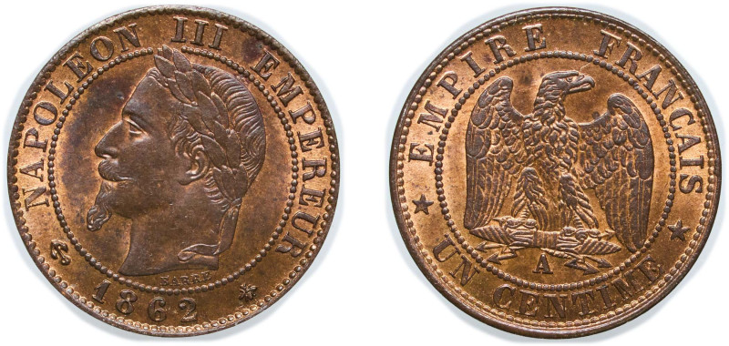 France Second Empire 1862 A 1 Centime - Napoleon III (head with wreath) Bronze P...