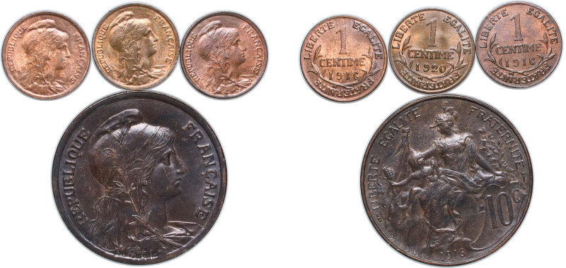 France Third Republic 1916-1920 1, 10 Centimes (4 Lots) Bronze Paris Mint (22477...