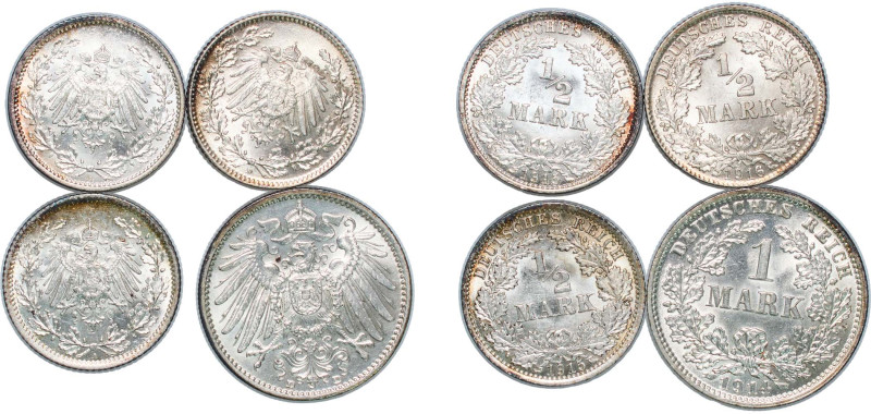 Germany Second Empire 1914-1916 ½ & 1 Mark - Wilhelm II (4 Lots) Silver (.900) U...