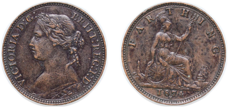 Great Britain United Kingdom 1874 H 1 Farthing - Victoria (2nd portrait; 2nd typ...