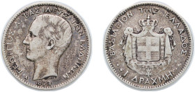 Greece Kingdom 1873 A 1 Drachme - George I (1st portrait) Silver (.835) Paris Mint (1802000) 4.93g VF KM 38