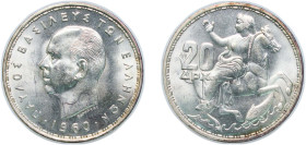 Greece Kingdom 1960 20 Drachmai - Paul I Silver (.835) Royal Mint (Tower Hill) (20000000) 7.53g UNC KM 85 Schön 25