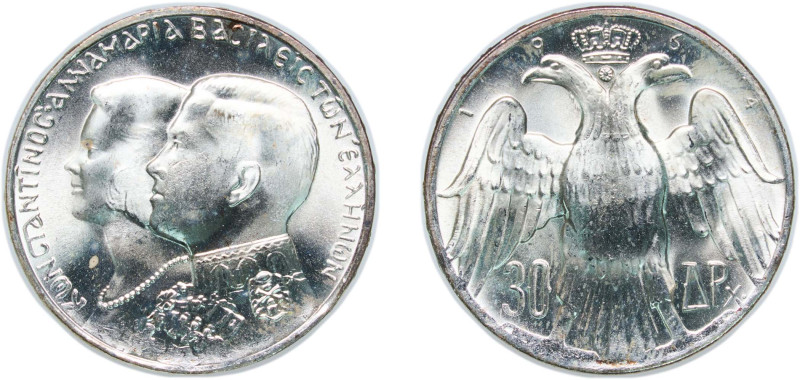 Greece Kingdom 1964 30 Drachmai - Constantine II (Royal Marriage) Silver (.835) ...