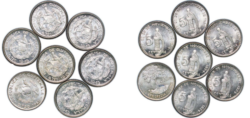 Guatemala Republic 1945 5 Centavos (7 Lots) Silver (.720) Guatemala City Mint (4...