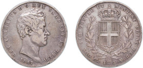 Italy Kingdom of Sardinia Italian states 1847 P 5 Lire - Carlo Alberto Silver (.900) Genoa Mint (141839) 24.78g VF KM 130