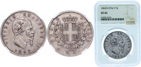 Italy Kingdom 1862 N 5 Lire - Victor Emmanuel II Silver (.900) Naples Mint (141851) 25g NGC XF 45 KM 8