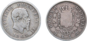 Italy Kingdom 1863 M BN 1 Lira - Victor Emmanuel II Silver (.835) Milan Mint (24053789) 4.79g VF KM 5a