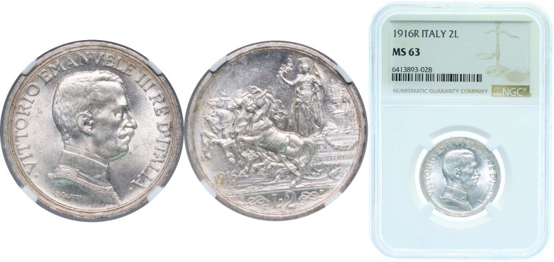 Italy Kingdom 1916 R 2 Lire - Victor Emmanuel III Silver (.835) Rome Mint (10923...