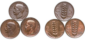 Italy Kingdom 1922-1931 R 5 Centesimi - Victor Emmanuel III (3 Lots) Copper Rome Mint UNC KM 59 Schön 59