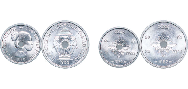 Laos Kingdom 1952 10 & 20 Cents - Sisavang Vong (2 Lots) Aluminium Paris Mint UN...