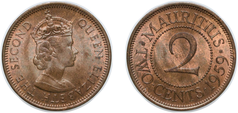 Mauritius British crown colony 1959 2 Cents - Elizabeth II (1st portrait) Bronze...