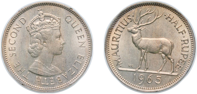 Mauritius British crown colony 1965 ½ Rupee - Elizabeth II (1st portrait) Copper...