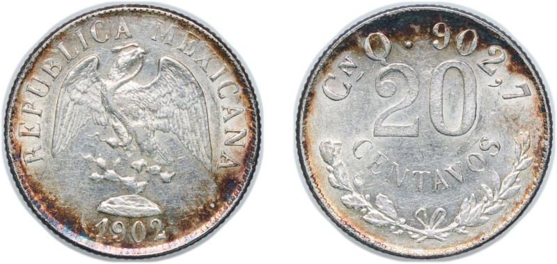 Mexico Federal Republic 1902 Cn Q 20 Centavos Silver (.903) Culiacán Mint (98000...