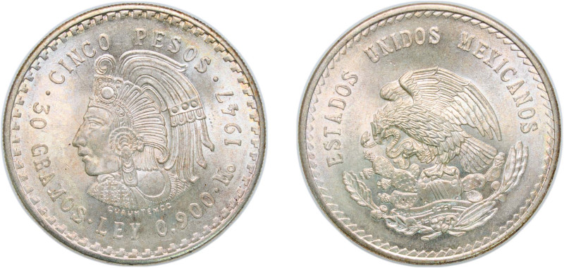 Mexico United Mexican States 1947 Mo 5 Pesos Silver (.900) Mexico City Mint (511...