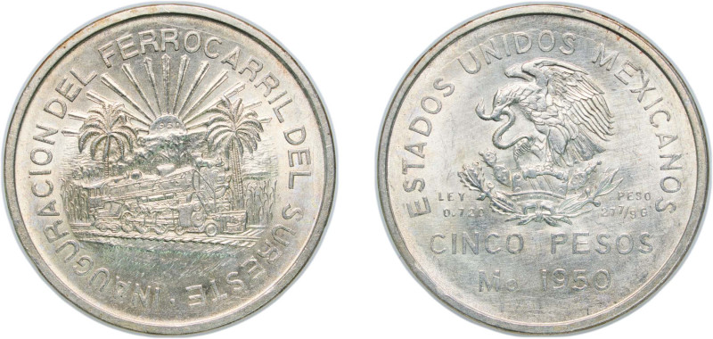 Mexico United Mexican States 1950 Mo 5 Pesos (Southeastern Railroad) Silver (.72...