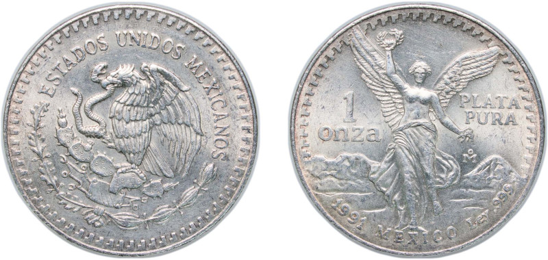 Mexico United Mexican States 1991 Mo 1 Onza "Libertad" Silver (.999) Mexico City...