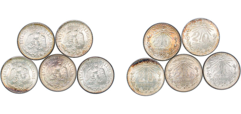 Mexico United Mexican States 1941-1942 M 20 Centavos (5 Lots) Silver (.720) Mexi...